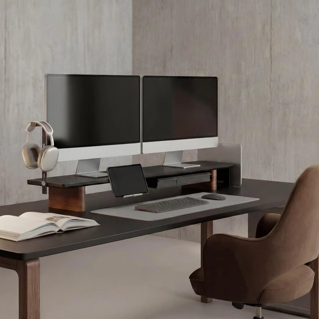 Alt view image 2 of 5 - Fenge Modular Dual Monitor Stand Riser with Solid Ash Wood Leg, 42.5" Black