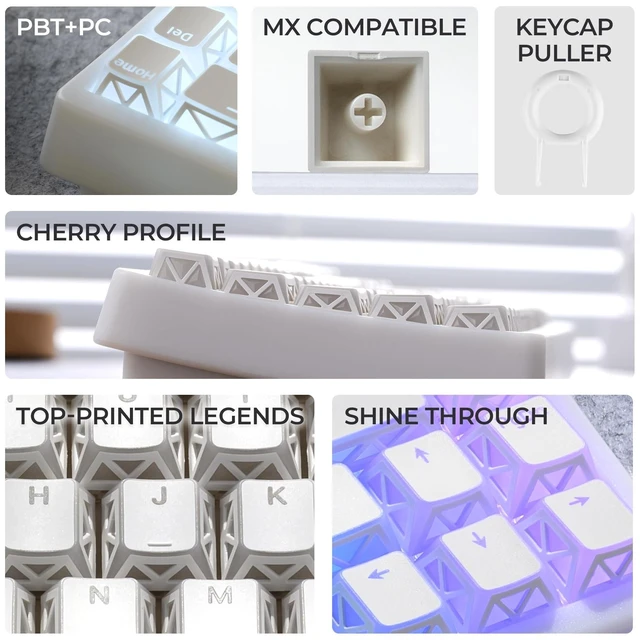 Alt view image 3 of 5 - OHY XVX White Shine Through Keycaps, Prism Refraction 130 Keys Double Shot PBT Cherry Profile MX Switch ANSI Mechanical Keyboard Keycap Set