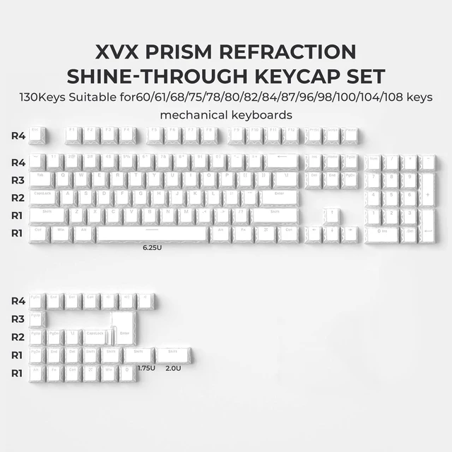 Alt view image 4 of 5 - OHY XVX White Shine Through Keycaps, Prism Refraction 130 Keys Double Shot PBT Cherry Profile MX Switch ANSI Mechanical Keyboard Keycap Set