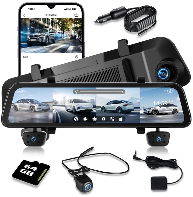 Main image of 12'' Rearview Mirror Camera for Cars, NHOPEEW 360 Degree View 4 Channel Cam, 1080Px4 Rear View Mirror Cam, IR Night Vision for Left and Right Inside Car Camera, GPS, WiFi/APP Control + 64GB Card