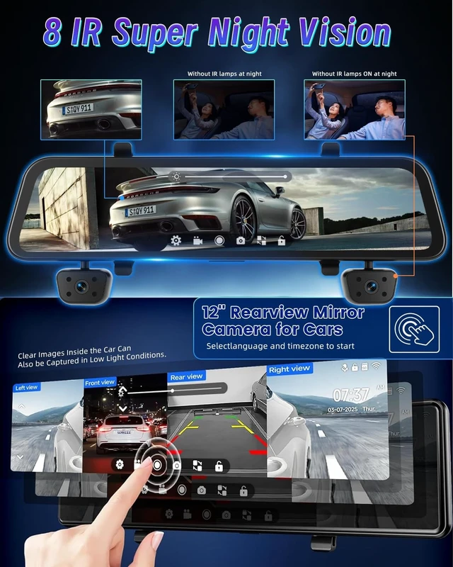 Alt view image 5 of 5 - 12'' Rearview Mirror Camera for Cars, NHOPEEW 360 Degree View 4 Channel Cam, 1080Px4 Rear View Mirror Cam, IR Night Vision for Left and Right Inside Car Camera, GPS, WiFi/APP Control + 64GB Card