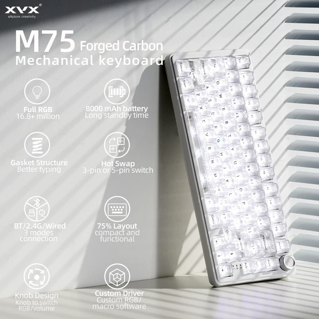 Alt view image 2 of 5 - HITIME XVX M75 75% Wireless Gaming Mechanical Keyboard, BT5.0/2.4GHz/USB-C,Hot Swappable Creamy Switches, Gasket Structure,RGB Backlit Keyboard w/Knob for PC/Laptop/Xbox/PS4/PS5,White Forged Ca