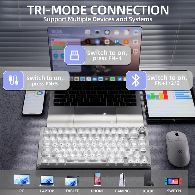 Alt view image 4 of 5 - HITIME XVX M75 75% Wireless Gaming Mechanical Keyboard, BT5.0/2.4GHz/USB-C,Hot Swappable Creamy Switches, Gasket Structure,RGB Backlit Keyboard w/Knob for PC/Laptop/Xbox/PS4/PS5,White Forged Ca