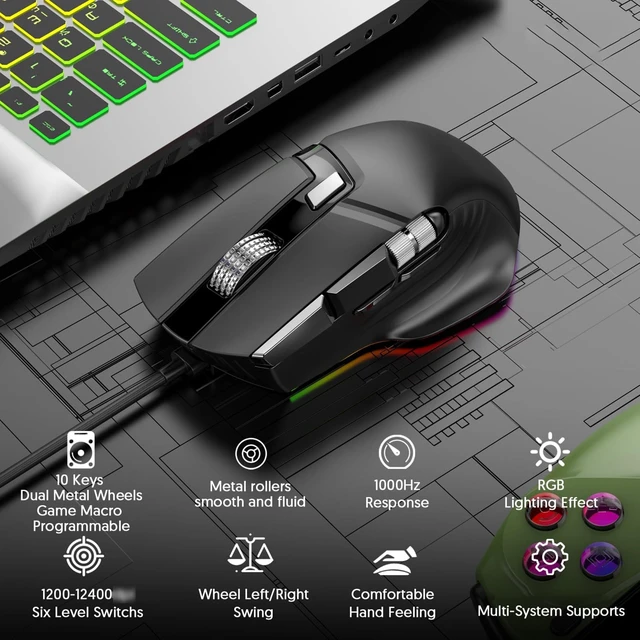 Alt view image 3 of 5 - Zunate RGB Wired Gaming Mouse, 12400 DPI, Dual Wheels, 11 Buttons