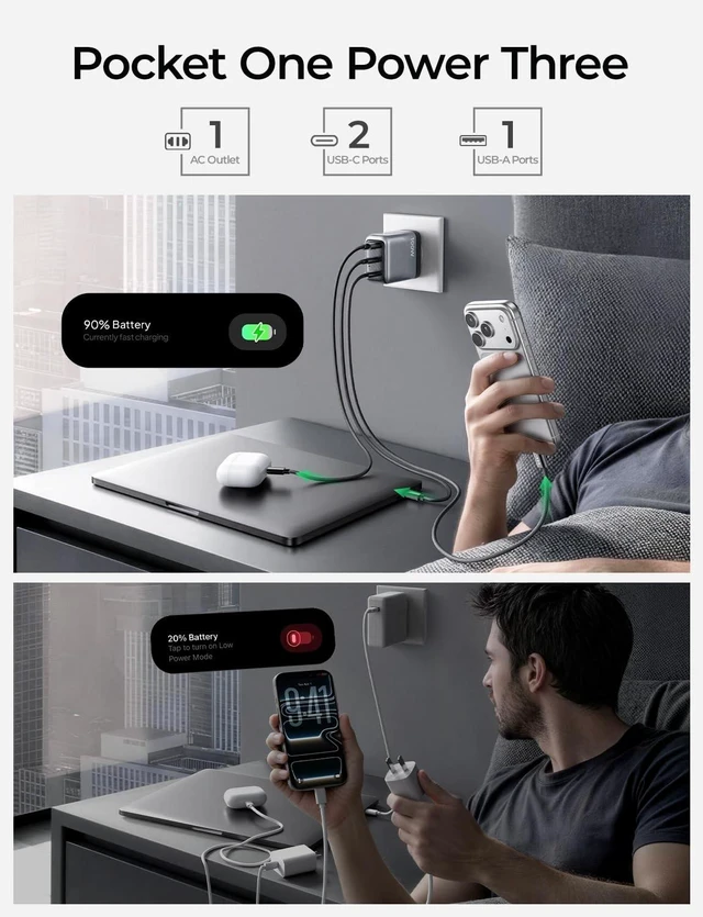 Alt view image 4 of 5 - LISEN 100W USB C GaN Charger 3-Port Block for iPhone 18 Pro Max Charger
