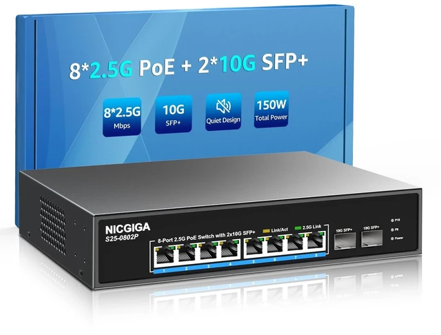 Main image of 10 Port 2.5Gb PoE Switch Unmanaged with 8 Port 2.5G Base-T PoE+@130W + 2 x 10G SFP+ Uplink, NICGIGA 8 Port 2.5Gbe IEEE802.3af/at Power Over Ethernet Switch, Support WiFi6 AP, NAS, 4K PoE Camera NVR.