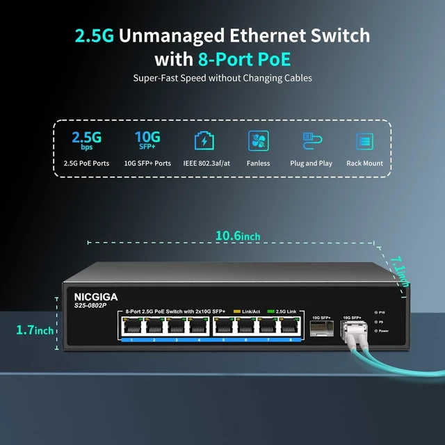 Alt view image 5 of 5 - 10 Port 2.5Gb PoE Switch Unmanaged with 8 Port 2.5G Base-T PoE+@130W + 2 x 10G SFP+ Uplink, NICGIGA 8 Port 2.5Gbe IEEE802.3af/at Power Over Ethernet Switch, Support WiFi6 AP, NAS, 4K PoE Camera NVR.