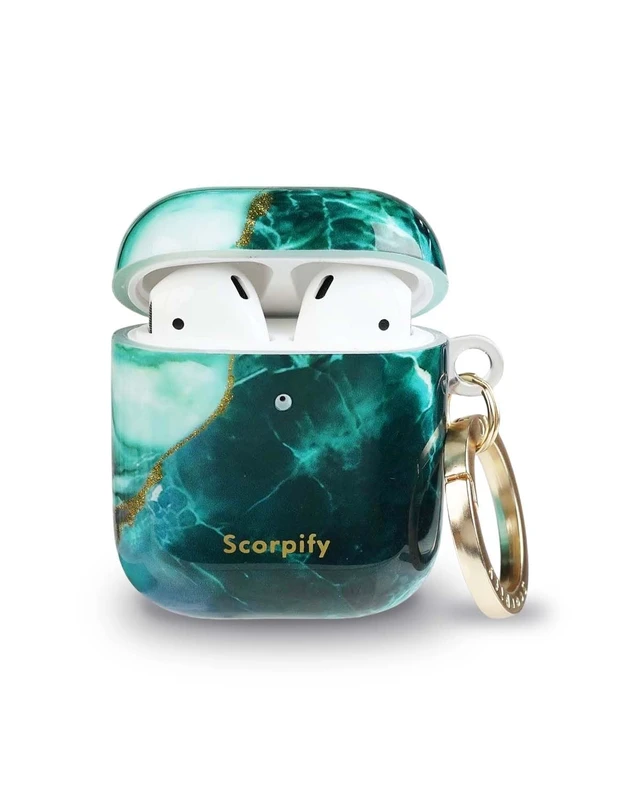 Alt view image 2 of 5 - SCORPIFY for AirPods Case 1 & 2 (1st & 2nd Generation, 2016/2019) with Keychain, Compatible with Apple AirPod 1 & 2, Cute Protective Hard Shell Cover, Earbuds Case for Women - Emerald Green Marble