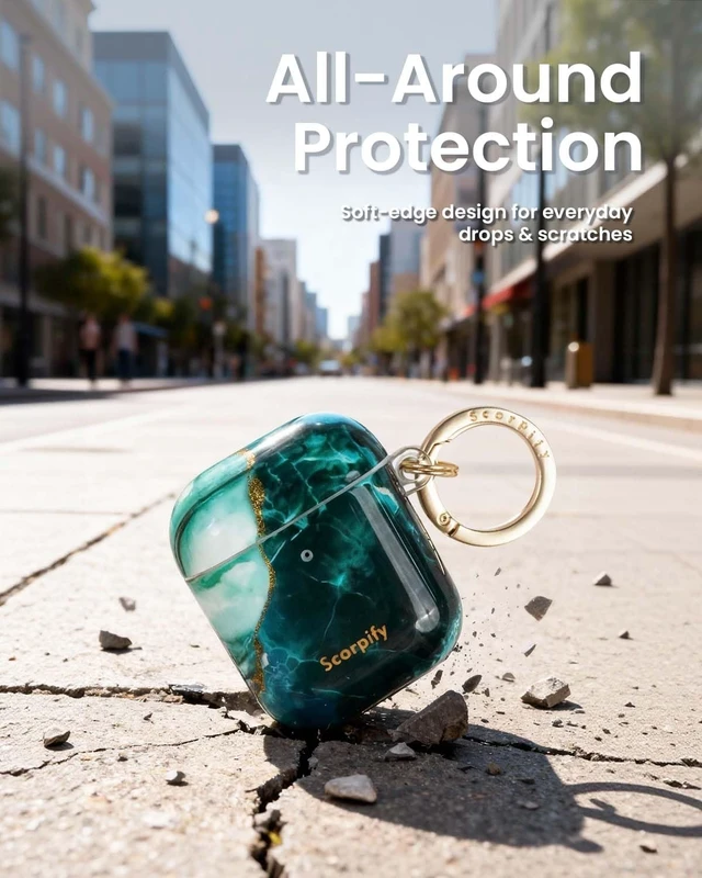 Alt view image 3 of 5 - SCORPIFY for AirPods Case 1 & 2 (1st & 2nd Generation, 2016/2019) with Keychain, Compatible with Apple AirPod 1 & 2, Cute Protective Hard Shell Cover, Earbuds Case for Women - Emerald Green Marble