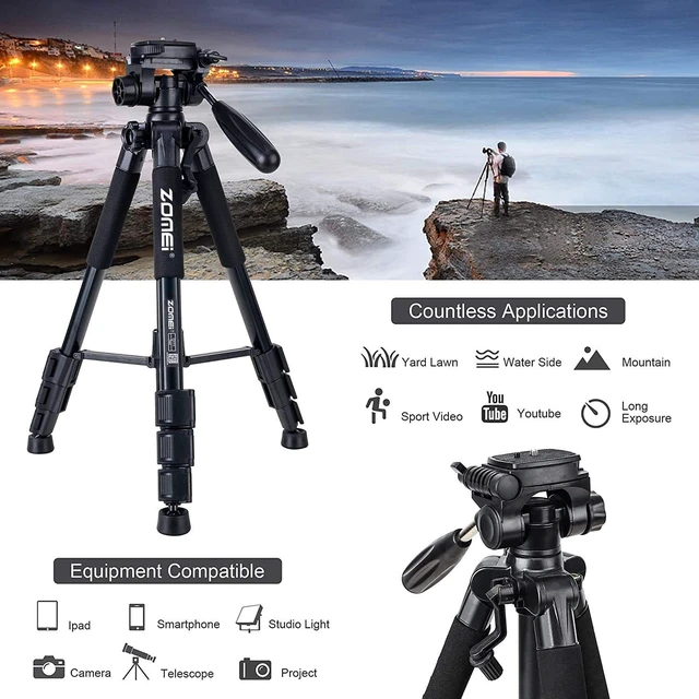 Alt view image 4 of 5 - Camera Tripod 55-inch Q111 with Phone Holder,Cell Phone Tripod Stand Protable Lightweight for Canon Nikon Sony DSLR Projector Webcam Spotting Scopes Gopro and Smartphones Live(Black)