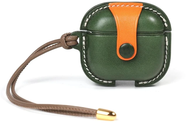 Main image of Handmade Genuine Leather Case for AirPods 4, Shockproof Protective Earbuds Cover with Dual Lanyards, Wireless & Wired Charging Accessible (Type-c-Green+Orange, Apple AirPods 4)