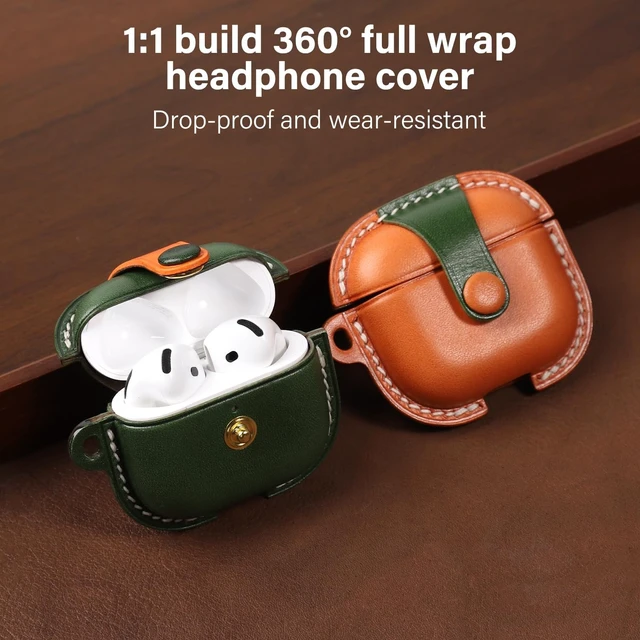 Alt view image 4 of 5 - Handmade Genuine Leather Case for AirPods 4, Shockproof Protective Earbuds Cover with Dual Lanyards, Wireless & Wired Charging Accessible (Type-c-Green+Orange, Apple AirPods 4)