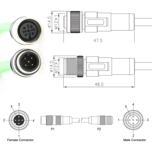 Alt view image 4 of 5 - HangTon M12 Ethernet Cable for Industrial Control Automation IO Link Fieldbus NMEA2000 Sensor Network CAN Bus, A-Code 5 Pin Male to 5 Pin Female, CAT6, Shielded, Waterproof, Green, 5M