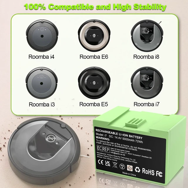 Alt view image 2 of 5 - 5000mAh i7 Battery Replacement for iRobot Roomba i7 i7+ i3 i4 j7 j7+ e5 e6 i7 7150 7158 i7+ 7550 7558 i8 815020 i8+ 855020 i4 415020 i4+ 455020 i3 3150 i3+3550 j7 J715020 j7+ 755020 e5 5150 e6 6198