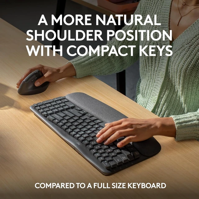 Alt view image 2 of 5 - Logitech Wave Keys Wireless Ergonomic Keyboard with Cushioned Palm Rest, Comfortable Natural Typing, Easy-Switch, Bluetooth, Logi Bolt Receiver, for Multi-OS, Windows/Mac - Graphite (use