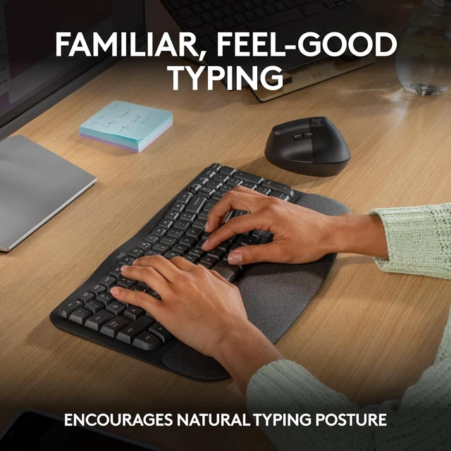 Alt view image 3 of 5 - Logitech Wave Keys Wireless Ergonomic Keyboard with Cushioned Palm Rest, Comfortable Natural Typing, Easy-Switch, Bluetooth, Logi Bolt Receiver, for Multi-OS, Windows/Mac - Graphite (use