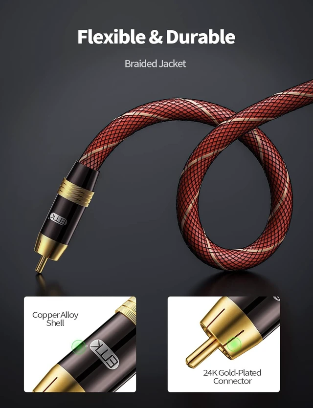 Alt view image 3 of 5 - EMK Subwoofer Cable 5ftRCA to RCA 75-ohm SPDIF Digital Coaxial Audio CordGold-Plated Shielded Coax Cable for HiFi Systems, Soundbar, DAC, Home Theater, Amplifiers