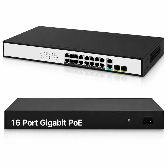Main image of JideTech 20-Port Gigabit PoE+ Switch, 16 PoE+ Ports, 300W for IP Cameras