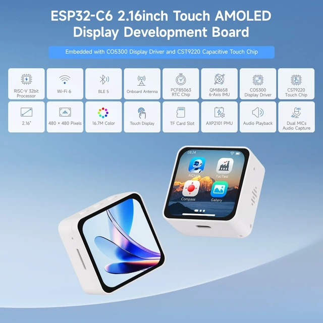Alt view image 3 of 5 - KLAYERS ESP32-C6 2.16inch AMOLED Display Touch Screen Development Board, 480480 Resolution, 16.7M Color, WF6 & BLE 5, Dual Microphones,No BAT