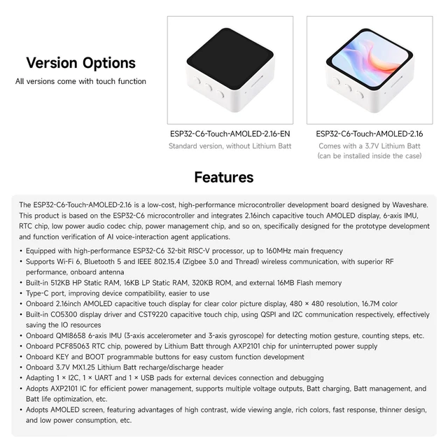 Alt view image 4 of 5 - KLAYERS ESP32-C6 2.16inch AMOLED Display Touch Screen Development Board, 480480 Resolution, 16.7M Color, WF6 & BLE 5, Dual Microphones,No BAT