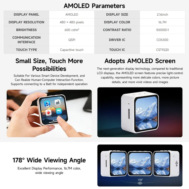 Alt view image 5 of 5 - KLAYERS ESP32-C6 2.16inch AMOLED Display Touch Screen Development Board, 480480 Resolution, 16.7M Color, WF6 & BLE 5, Dual Microphones,No BAT