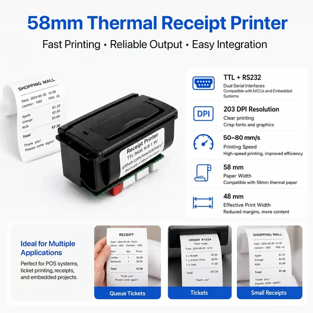 Alt view image 3 of 5 - Lonely Binary 58mm Thermal Receipt Printer Kit Type-C for ESP32 & C++