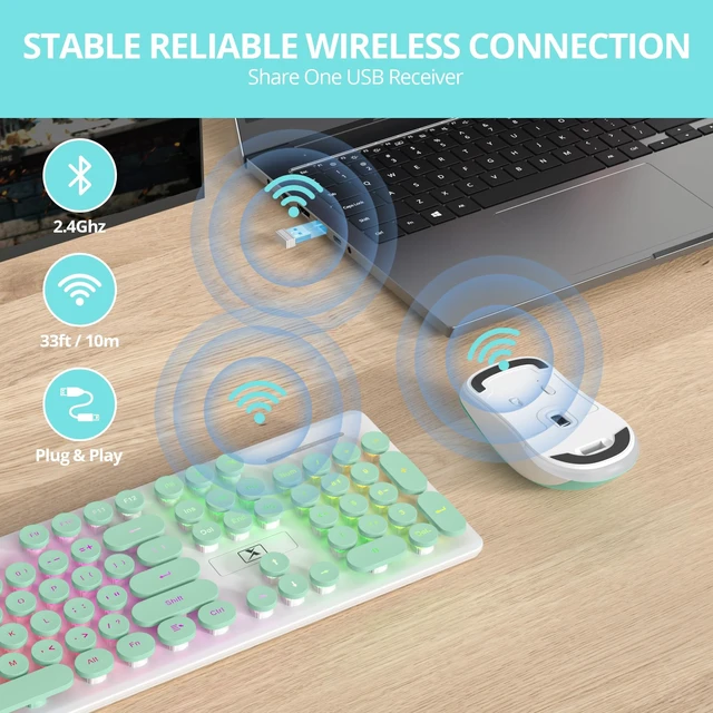 Alt view image 2 of 5 - Fogruaden Rechargeable Wireless Keyboard and Mouse, Backlit Cute Keyboard and Mouse Combo with Retro Round Keycap, 2.4G Connectivity for Windows PC, Laptop, Desktops, Computer(Green)