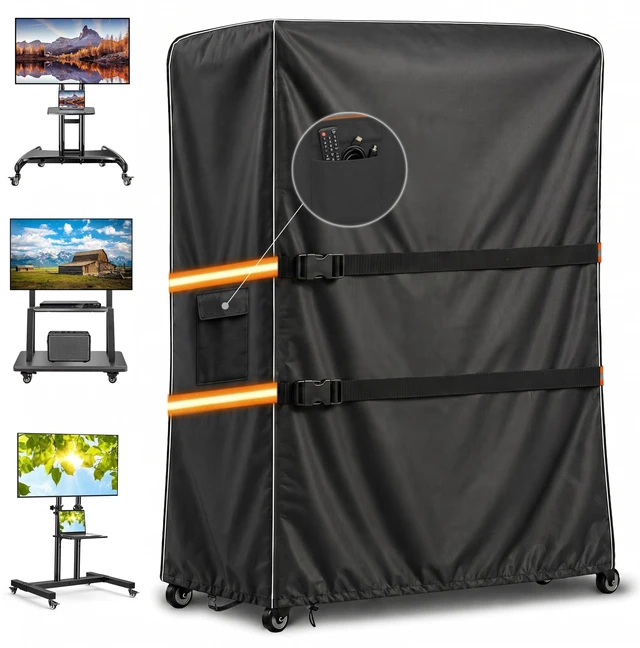 Main image of Acreater Outdoor TV Trolley Cover for 55-60 Inch Screen, Heavy Duty 600D Waterproof Rolling TV Stand Cover, Weatherproof Mobile TV Cart on Wheels Protector with Remote Pocket, Black 55"x15"x57"