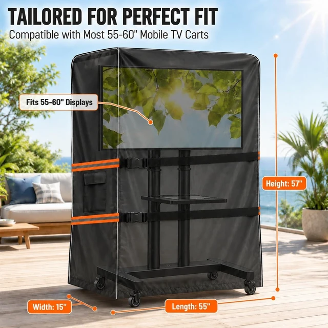 Alt view image 2 of 5 - Acreater Outdoor TV Trolley Cover for 55-60 Inch Screen, Heavy Duty 600D Waterproof Rolling TV Stand Cover, Weatherproof Mobile TV Cart on Wheels Protector with Remote Pocket, Black 55"x15"x57"