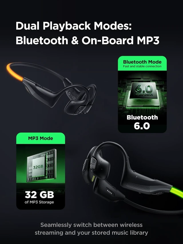 Alt view image 5 of 5 - HAKII Light 2 Open Ear Headphones, IPX5 Running Headphone with 180 Ultra-Bright Beacon String, BT 6.0, 16H Playtime, Air Conduction Headphones Open Ear Earbuds for Fitness, Cycling, Outdoor - Green