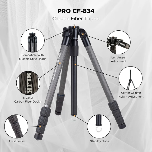 Alt view image 2 of 5 - SLIK PRO CF-834 Heavy Duty Professional Carbon Fiber Tripod Legs 65" Tall (615-923) - Folds Down to 18.9", Weighs 3.4lbs, Supports 39lbs - Perfect for Heavy Photography, Video, and Glassing Equipment