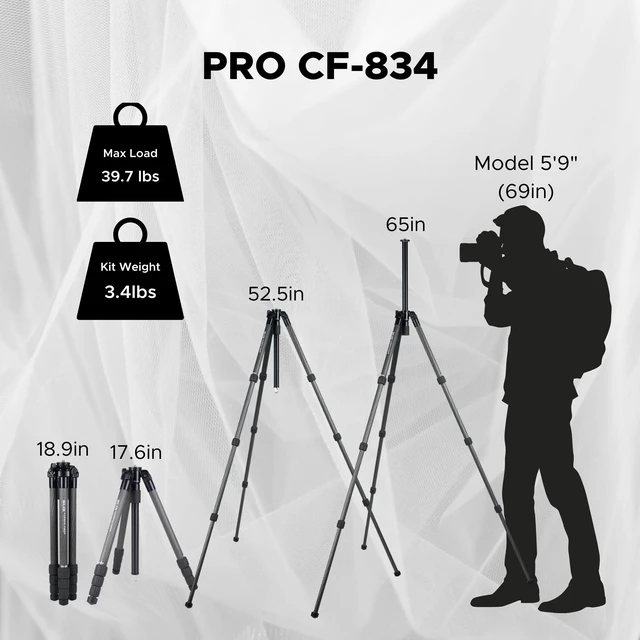 Alt view image 3 of 5 - SLIK PRO CF-834 Heavy Duty Professional Carbon Fiber Tripod Legs 65" Tall (615-923) - Folds Down to 18.9", Weighs 3.4lbs, Supports 39lbs - Perfect for Heavy Photography, Video, and Glassing Equipment