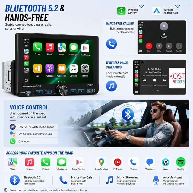 Alt view image 3 of 5 - 7" Single Din Car Stereo Radio with Wireless Apple CarPlay for Car
