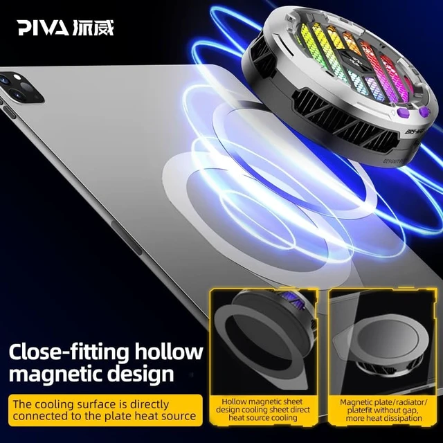 Alt view image 5 of 5 - PIVA RGB TEC 30W High-Power Magnetic Game Cooler RGB Lighting, 3-Speed Fan, Magnetic Suction Radiator for Tablets & Phones