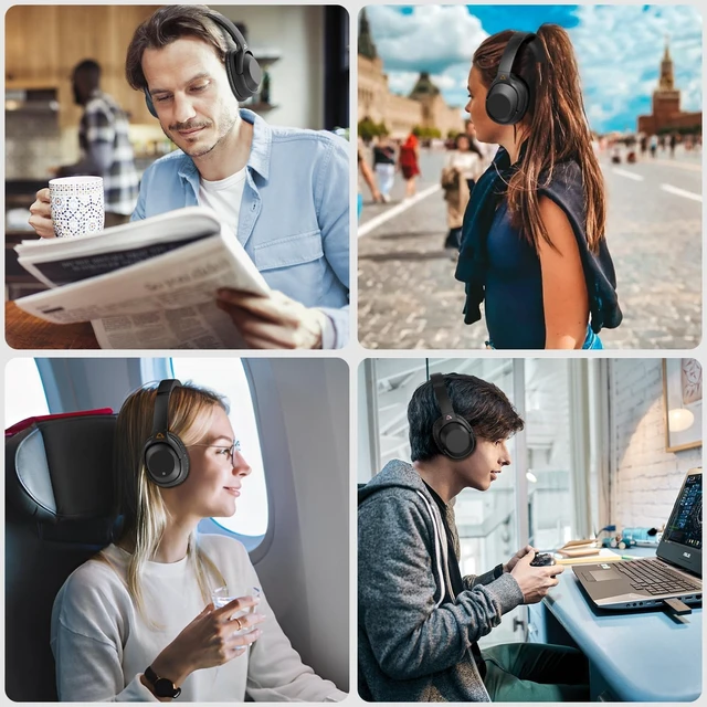 Alt view image 2 of 5 - YMOO Bluetooth 5.2 Hybrid Active Noise Cancelling Headphones for Airplane Travel, Wired and Wireless ANC Headphones, 80H Playtime Over Ear Headphones, Bluetooth Headset with Mic for Adults