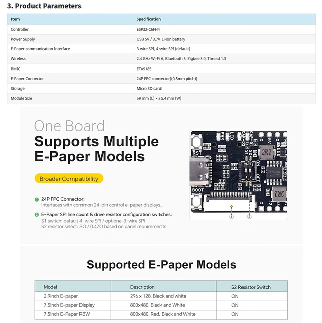 Alt view image 5 of 5 - 7.5 Inch E-Ink Display Module 800x480 SPI + ESP32-C6 E-Paper Driver Board Kit, Partial/Full Refresh, 24P FPC Connector, 3.3V/5V Level Shifter, for Raspberry Pi 40-Pin GPIO, SD Slot & USB