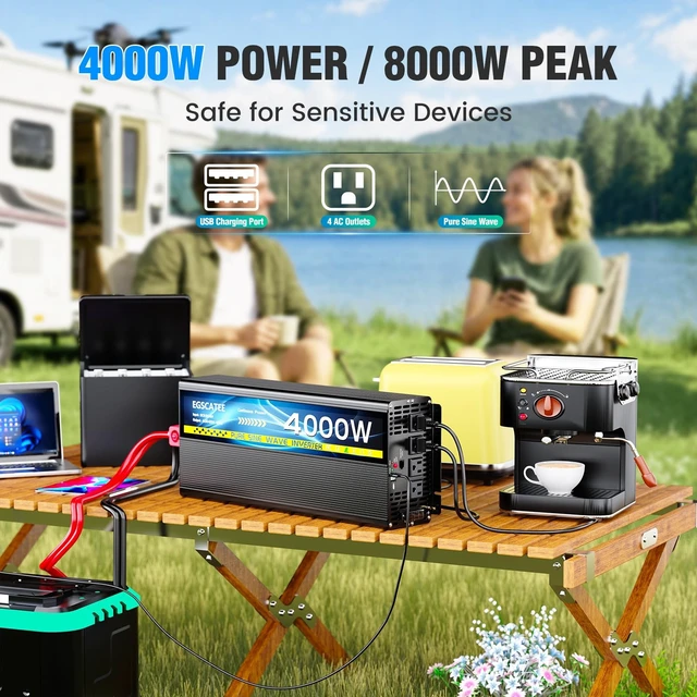 Alt view image 3 of 5 - 4000W Pure Sine Wave Inverter 12V DC to 110V/120V AC for Solar Off-Grid