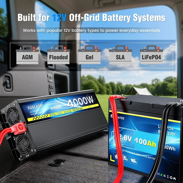 Alt view image 4 of 5 - 4000W Pure Sine Wave Inverter 12V DC to 110V/120V AC for Solar Off-Grid