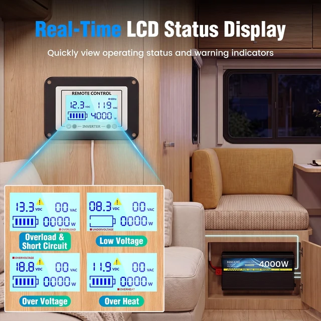 Alt view image 5 of 5 - 4000W Pure Sine Wave Inverter 12V DC to 110V/120V AC for Solar Off-Grid