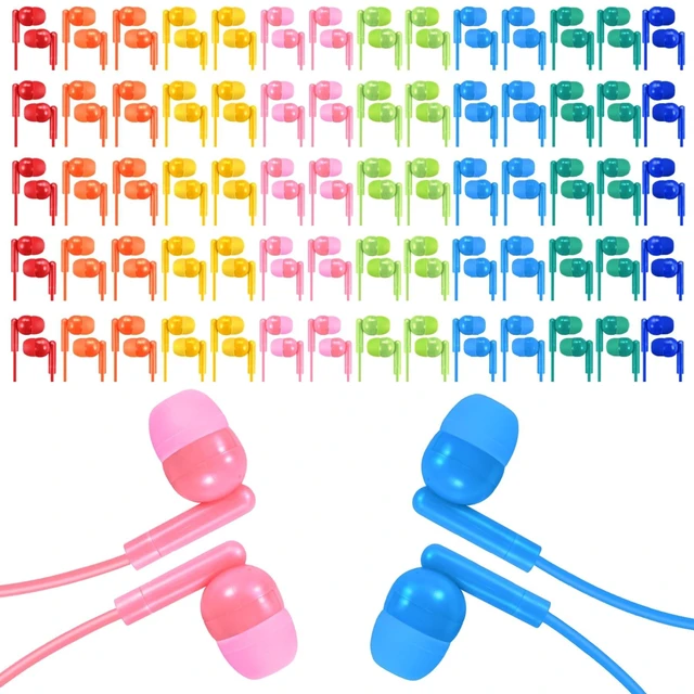 Main image of XOSDA 50 Pack Earbud Bulk Kids Headphone for Classroom School, Wholesale Class Room Students Wired Earphones with 3.5 mm Jack for Computers Chromebook Laptop PC (Mixed Colors)