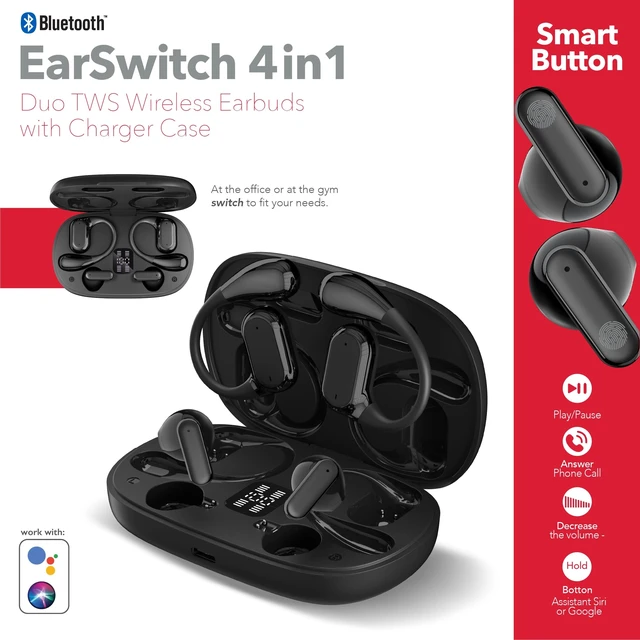 Alt view image 4 of 5 - RCA EarSwitch 4in1 Duo TWS Wireless Earbuds, Bluetooth 5.4 Open-Ear & in-Ear Headphones, Dual Earbud Sets in One Case, 20H Playtime, LED Display, Ultra Bass, Touch Control, Sport & Gym (Black)