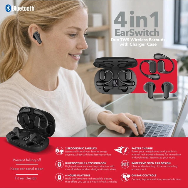 Alt view image 5 of 5 - RCA EarSwitch 4in1 Duo TWS Wireless Earbuds, Bluetooth 5.4 Open-Ear & in-Ear Headphones, Dual Earbud Sets in One Case, 20H Playtime, LED Display, Ultra Bass, Touch Control, Sport & Gym (Black)