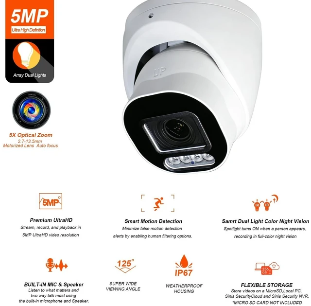 Alt view image 2 of 5 - SINIS 5MP PoE Security IP Camera, Outdoor 5X Optical Zoom Turret Camera