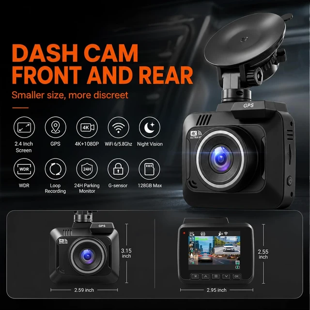 Alt view image 2 of 5 - 4K Dash Cam Front and Rear, Volxcereo Dual Dash Camera with WiFi 6 &APP&GPS