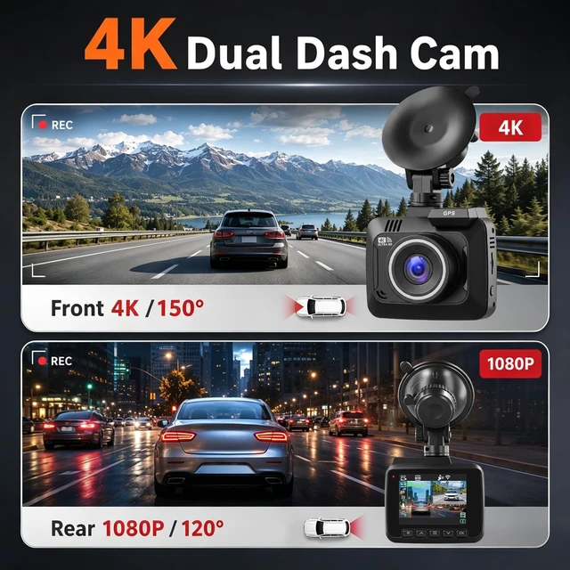Alt view image 4 of 5 - 4K Dash Cam Front and Rear, Volxcereo Dual Dash Camera with WiFi 6 &APP&GPS