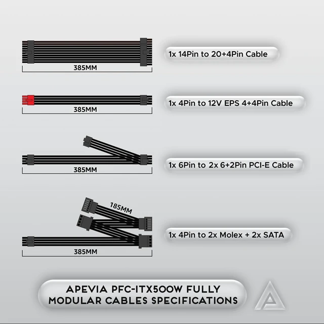 Alt view image 4 of 5 - Apevia ITX-PFC500W Fully Modular ITX 500W Power Supply, Active PFC 90-264V