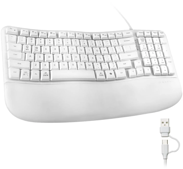 Main image of SANWA Wired Ergonomic Keyboard, Curved Wave Keyboard with Cushioned Wrist Rest, Compact Full-Size Layout, USB-A & C Port, 13 Shortcuts Keys, Natural Typing, Compatible with Win/Mac, Laptop, PC, White