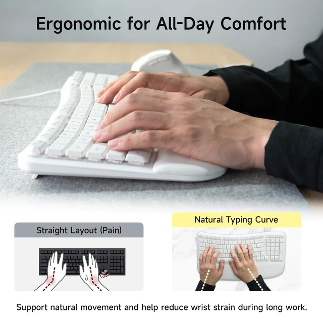 Alt view image 3 of 5 - SANWA Wired Ergonomic Keyboard, Curved Wave Keyboard with Cushioned Wrist Rest, Compact Full-Size Layout, USB-A & C Port, 13 Shortcuts Keys, Natural Typing, Compatible with Win/Mac, Laptop, PC, White