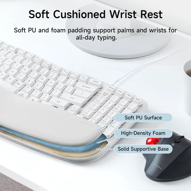 Alt view image 4 of 5 - SANWA Wired Ergonomic Keyboard, Curved Wave Keyboard with Cushioned Wrist Rest, Compact Full-Size Layout, USB-A & C Port, 13 Shortcuts Keys, Natural Typing, Compatible with Win/Mac, Laptop, PC, White