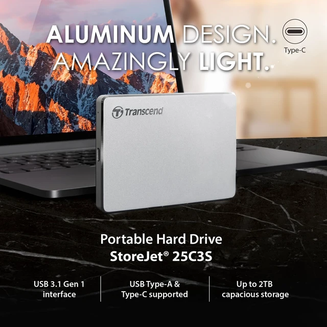 Alt view image 3 of 5 - Transcend 2TB StoreJet 25C3S Portable HDD, Sleek Aluminum Case, Type-C